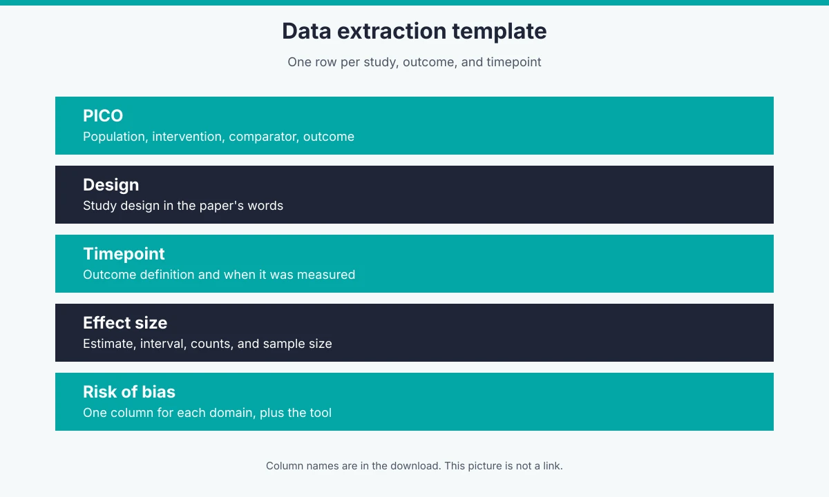 Data extraction template groups: PICO, study design, outcome timepoint, effect size, and risk of bias by domain. One row per study, outcome, and timepoint.