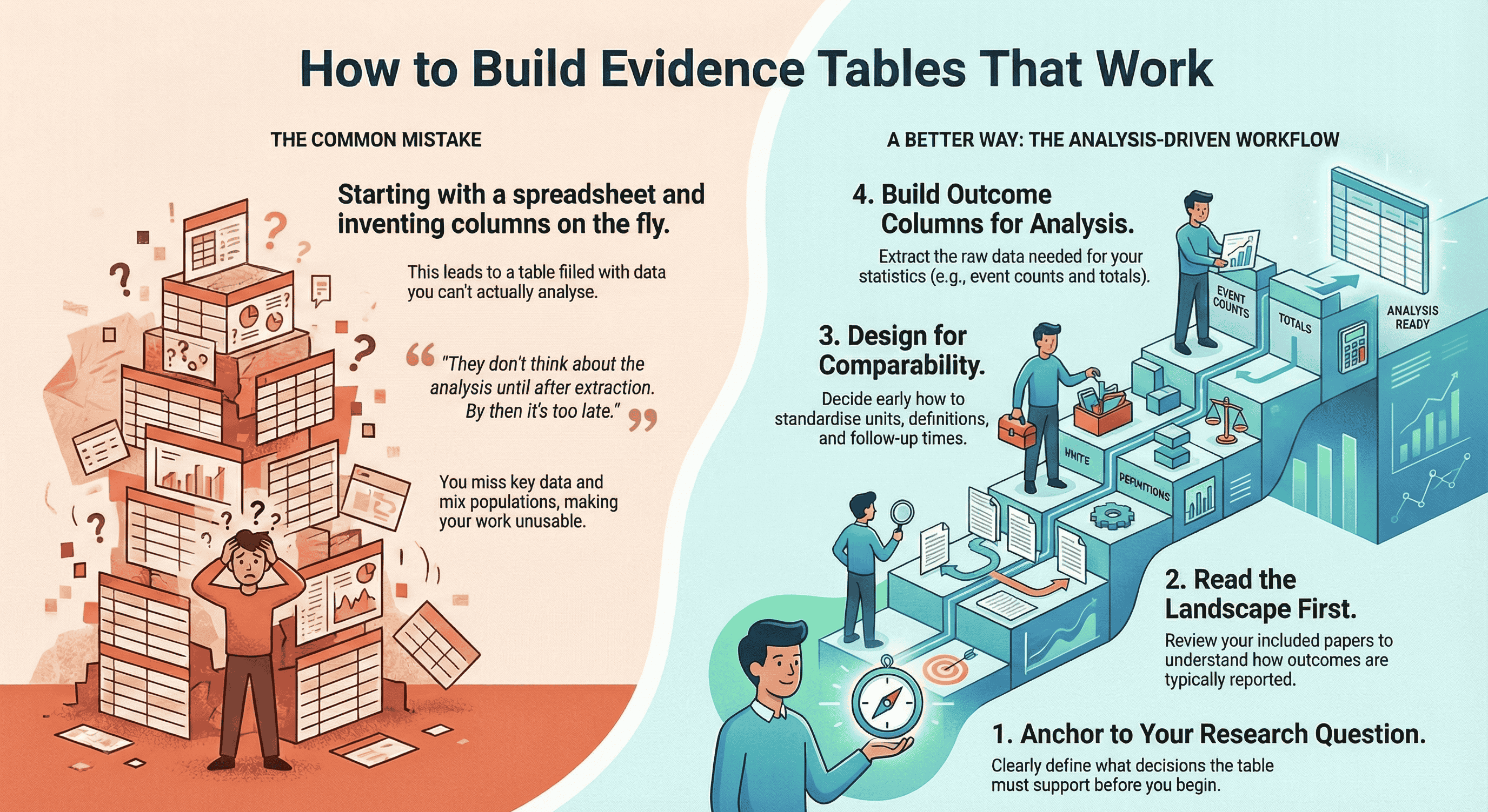 Analysis-Driven Design of Evidence Tables (Without Losing Your Mind Halfway Through)