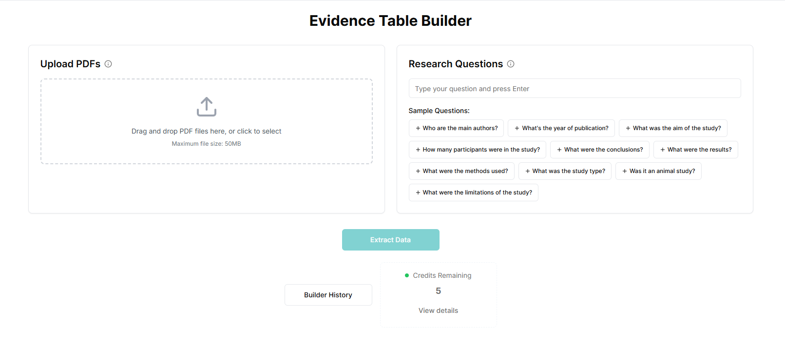 EvidenceTableBuilder interface showing structured data extraction from research PDFs