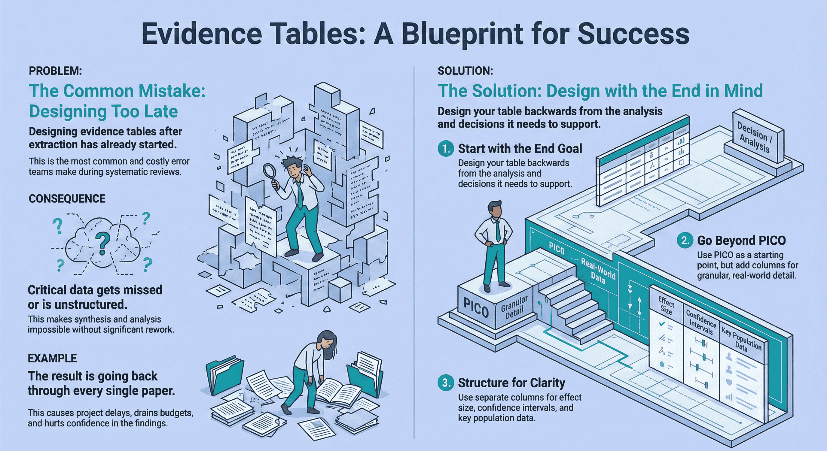 Evidence table structure showing columns for systematic review data extraction and analysis