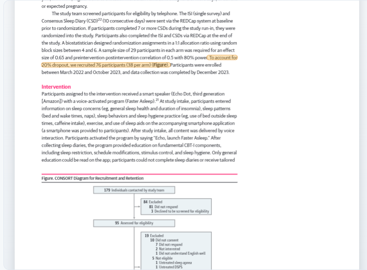 Page 3 of the sample PDF, with the sentence about recruiting 76 participants highlighted.