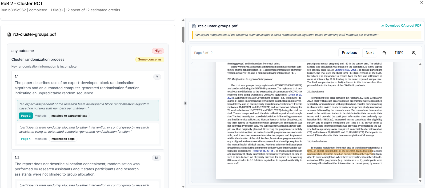 Quality assessment split view with verbatim evidence quote, integrated PDF viewer showing highlighted source text, and Download QA proof PDF