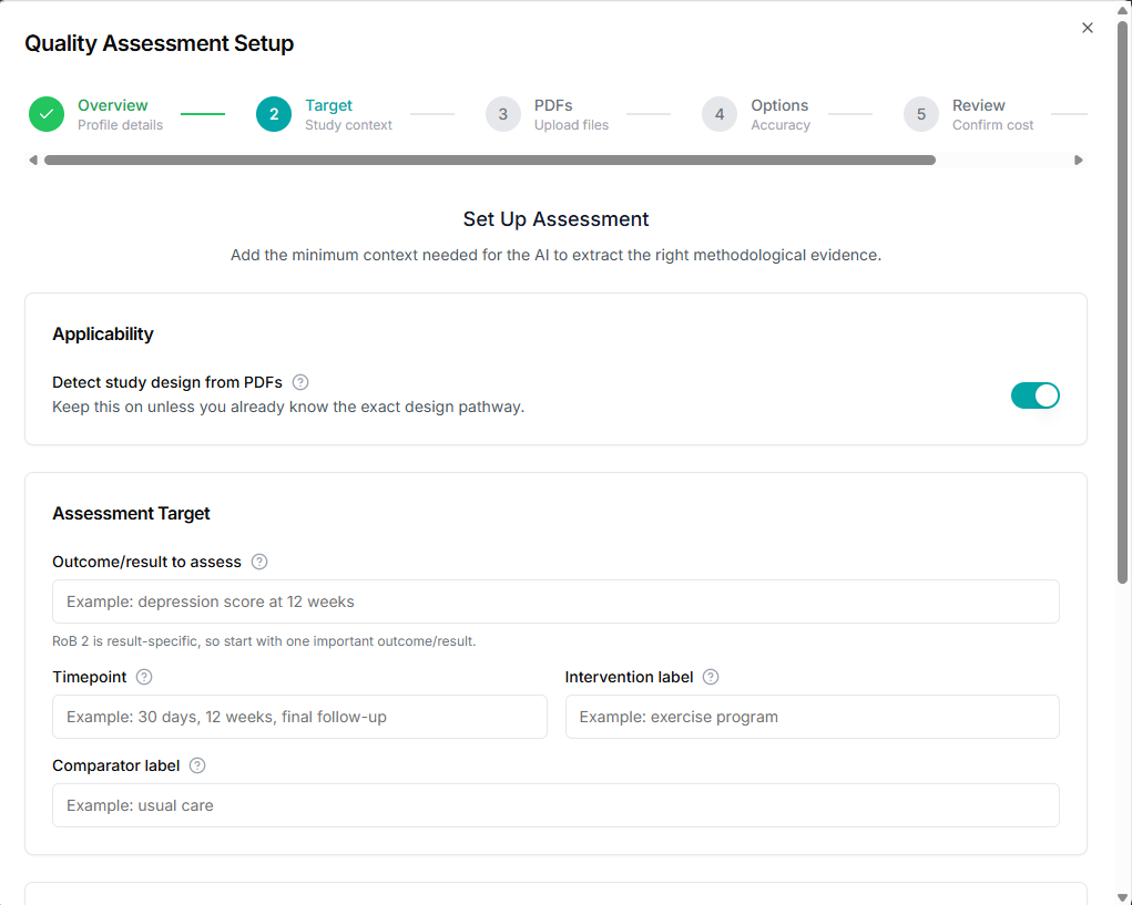 Quality assessment step 2 target setup form