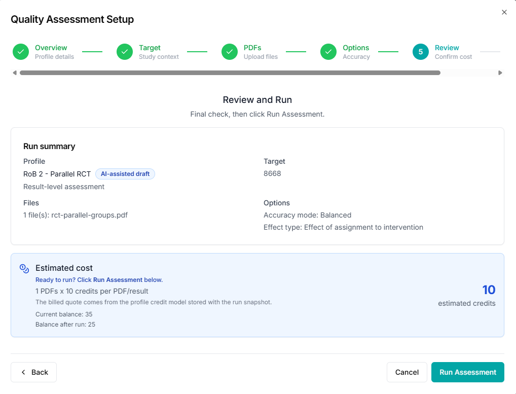 Quality assessment step 4 options and estimated cost summary